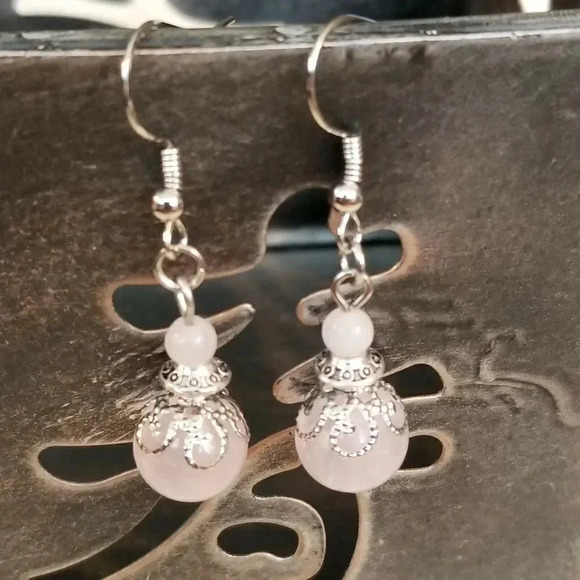 Handmade Rose Quartz Victorian Lace Art Nouveau Gemstone Bead Drop Earrings - Picture 1 of 6